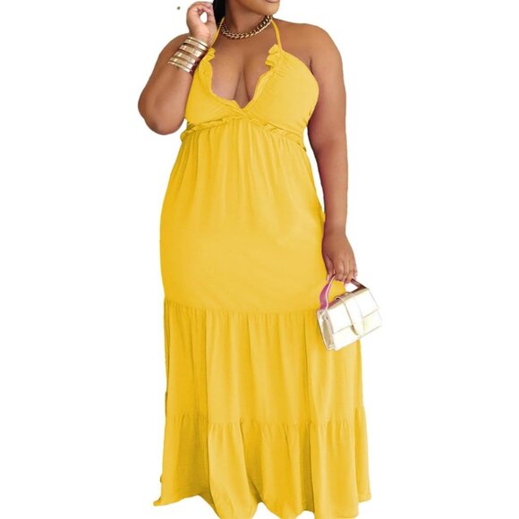 Womens Plus Size Maxi Dress Oversized Smocked Tiered Ruffle Flowing Sleeveless - Picture 2 of 6
